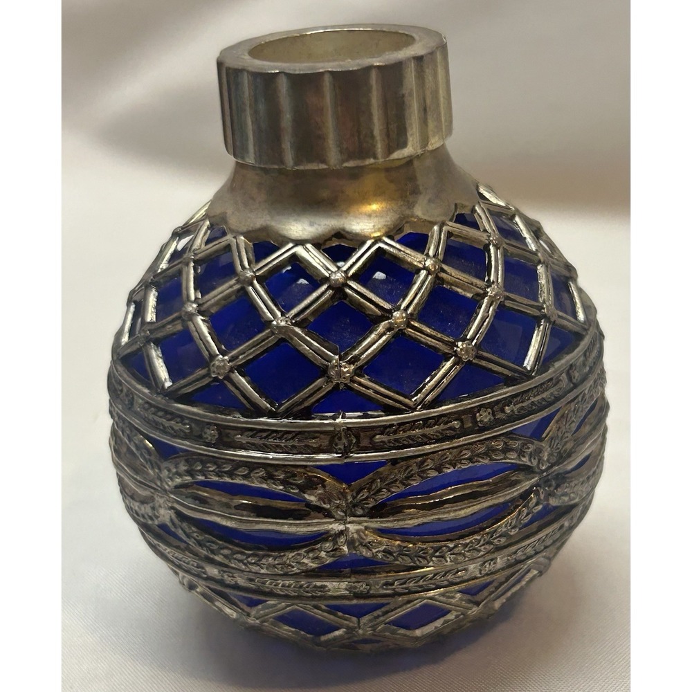 VTG Godinger Blue Glass Ball With Silver Overlay Candleholder